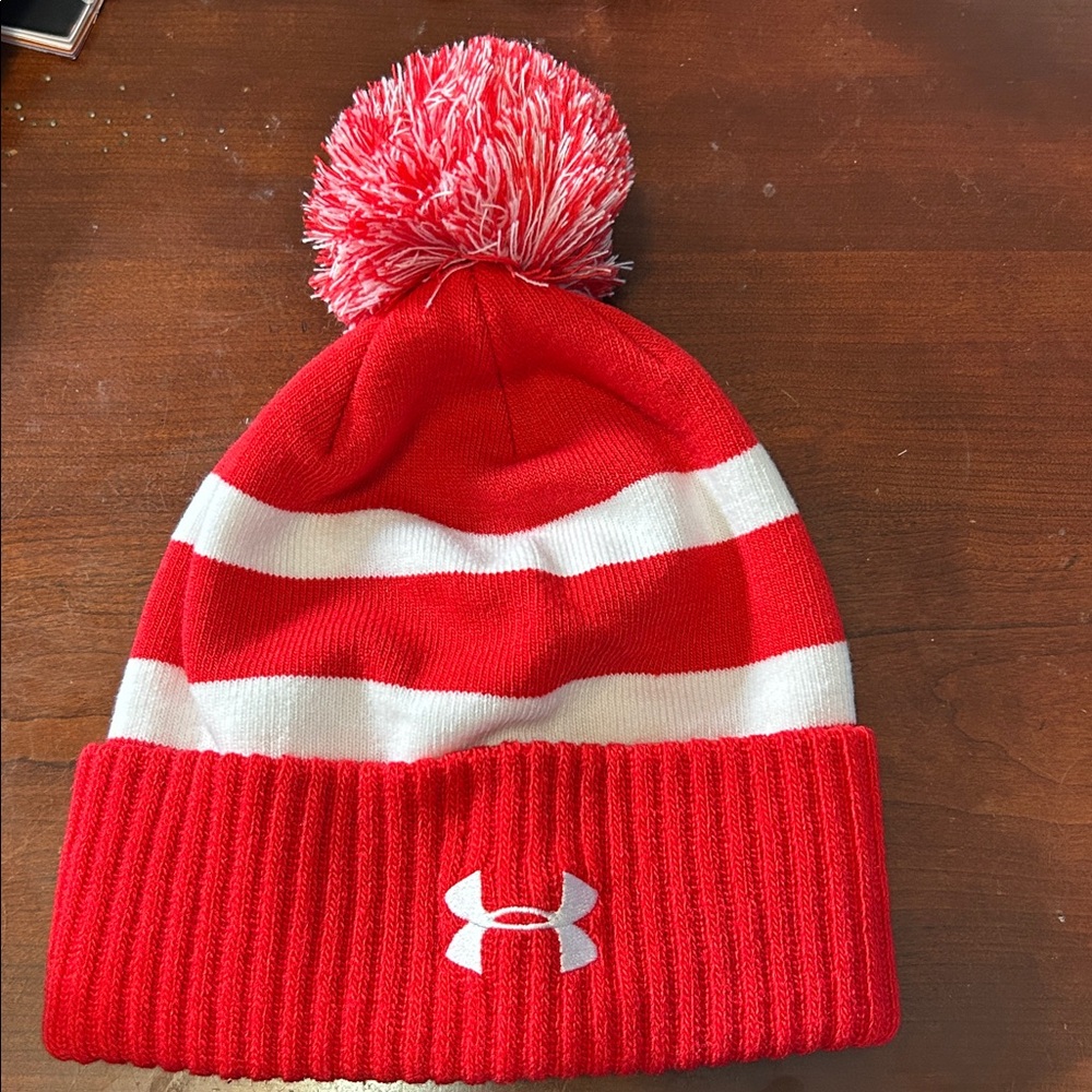 Under Armour Red and White Knit Beanie